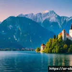 슬로베니아 로드트립 필수 코스 - **Prompt:** A breathtaking, high-angle panoramic view of Lake Bled in Slovenia during golden hour. T...