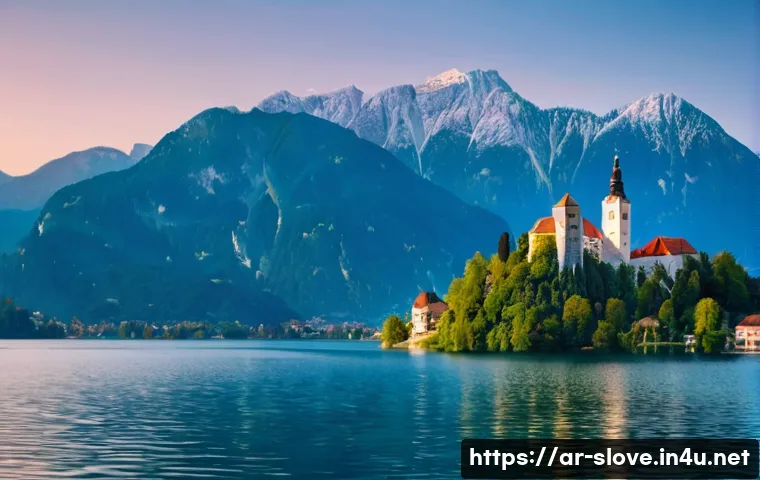슬로베니아 로드트립 필수 코스 - **Prompt:** A breathtaking, high-angle panoramic view of Lake Bled in Slovenia during golden hour. T...